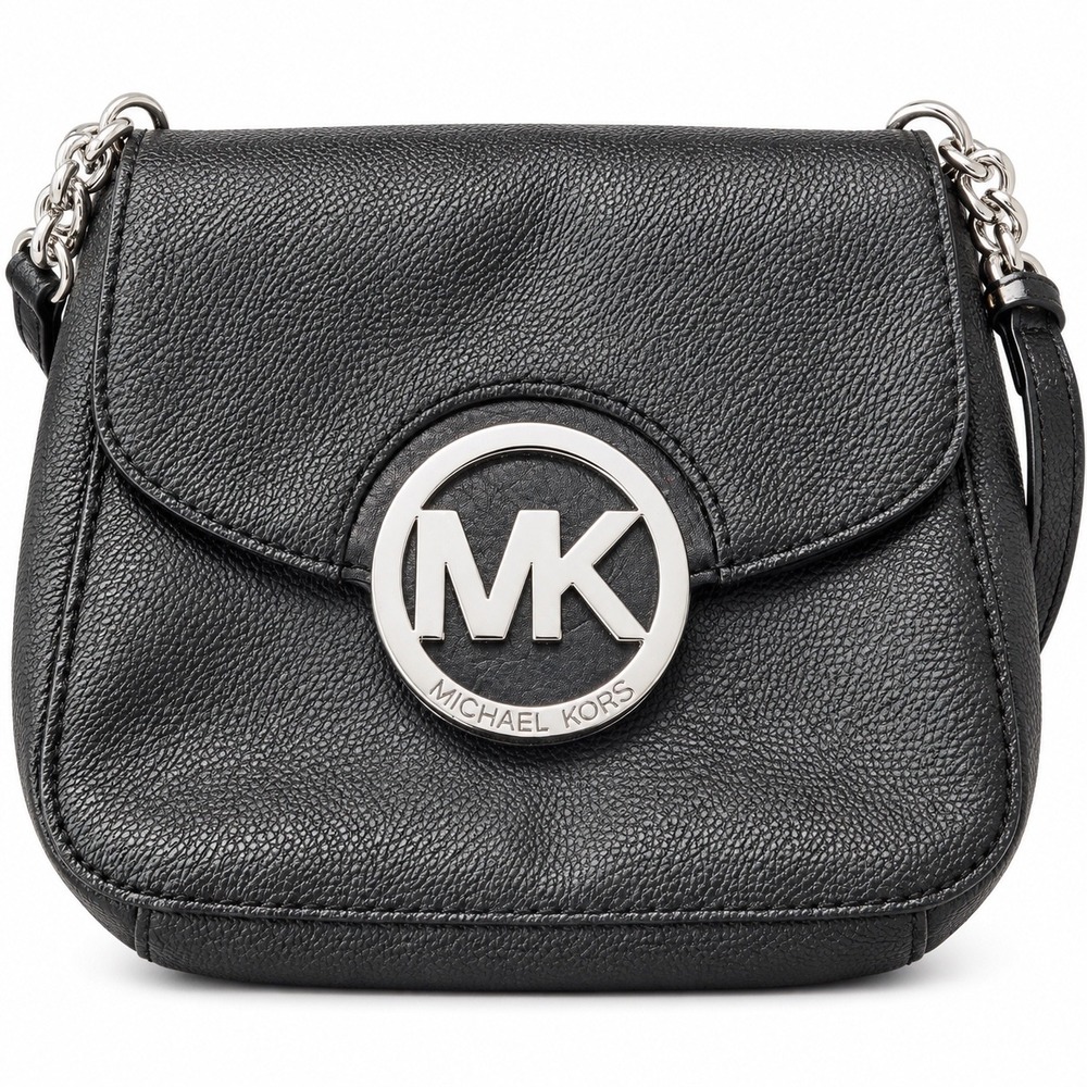 Michael Kors Fulton Black Pebbled Leather Crossbody Bag Silver MK Medallion